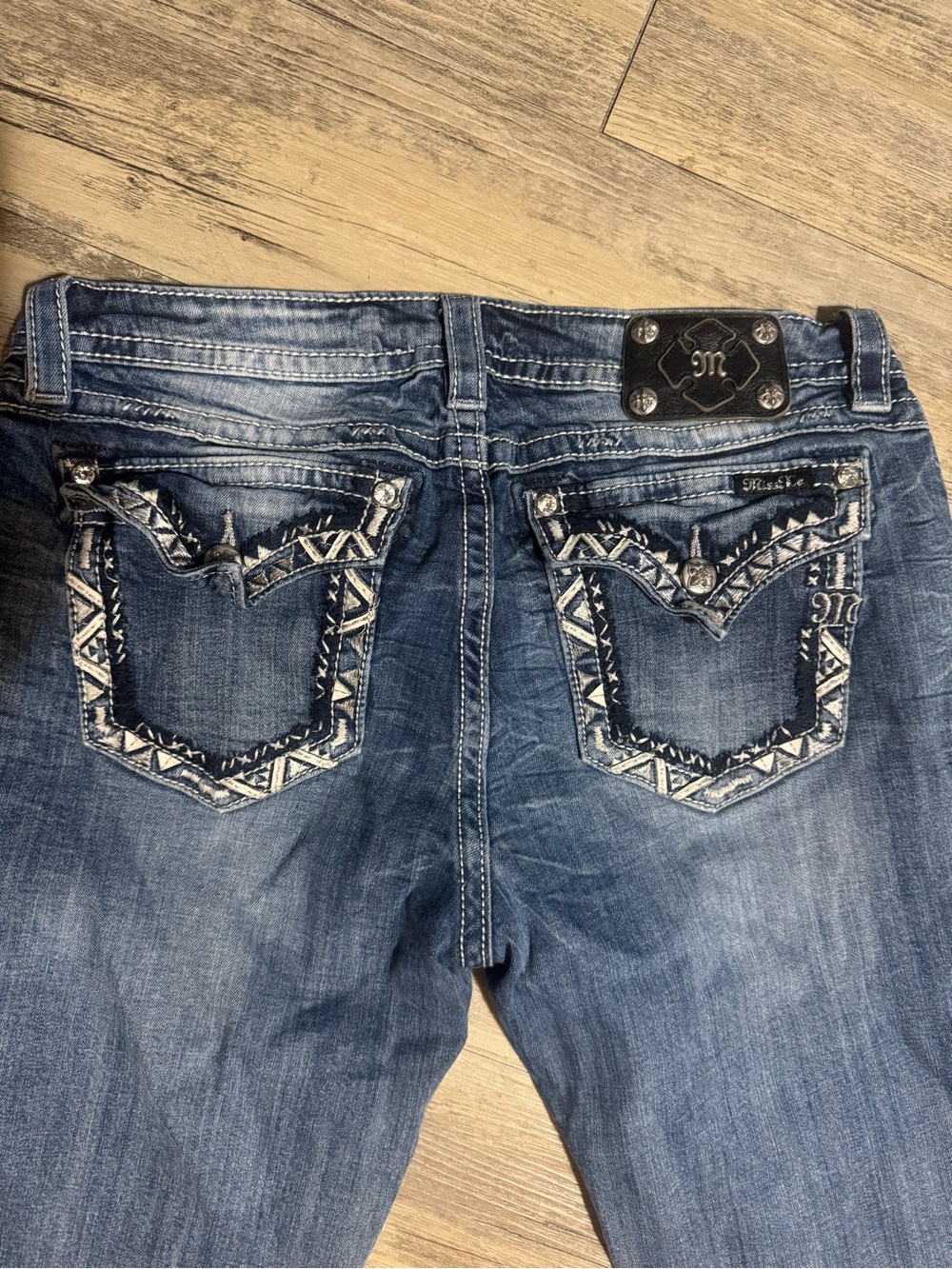 Miss Me capri Distressed Medium Blue Embroidered Pocket Bootcut Jeans